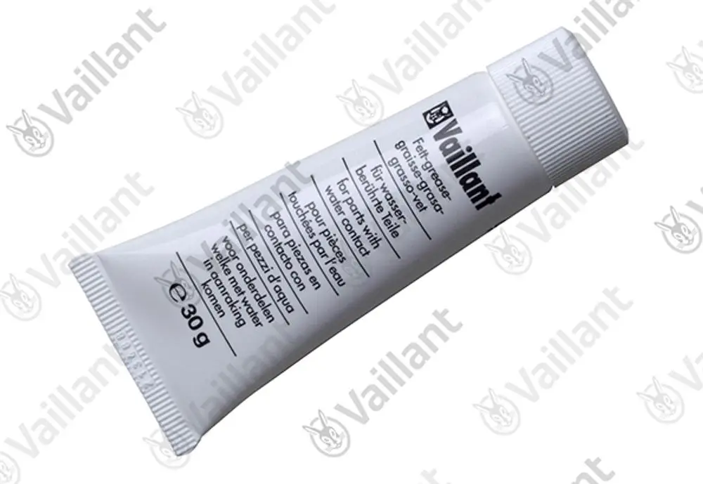 Weißer Behälter mit Schraubverschluss, gekennzeichnet mit "Vaillant", enthält eine fettige Substanz, die für wasserfeste Teile geeignet ist. Menge: 30 g.